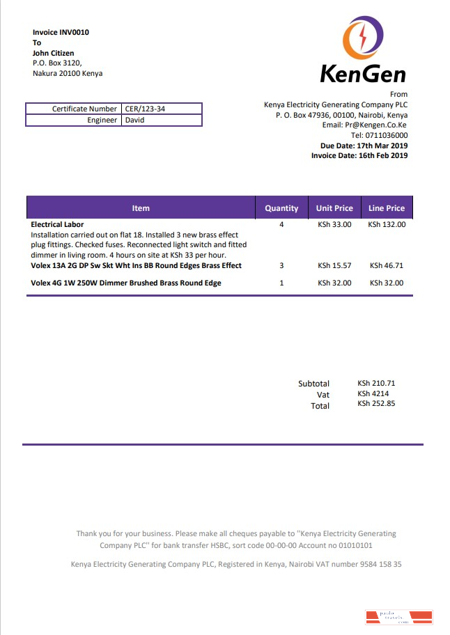 Kenya KenGen Electricity Generating Company utility bill template in Word and PDF format